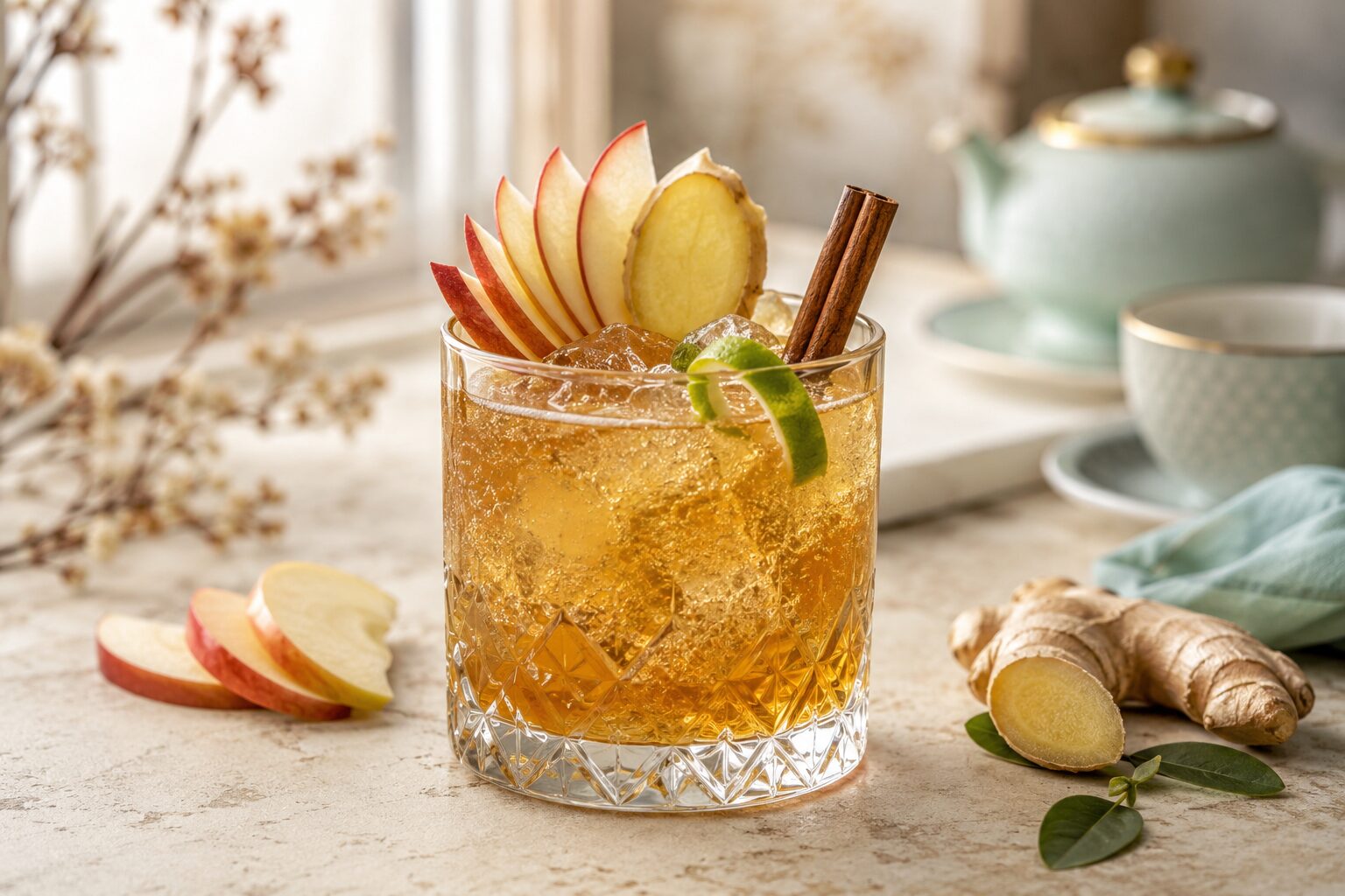 Apple Spice Ginger Mule Mocktail Apple Spice Ginger Mule Mocktail garnished with apple, ginger, lime and cinnamon