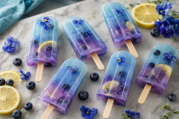 Blue Flower Lemon Berry Tea Popsicles with blueberries and lemon