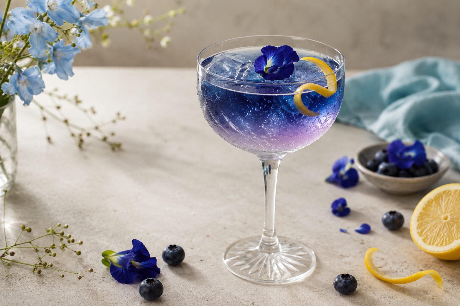 Blue flower lemon royale Blue Flower Lemon Royale tea mocktail with lemon, blueberries and sparkling water