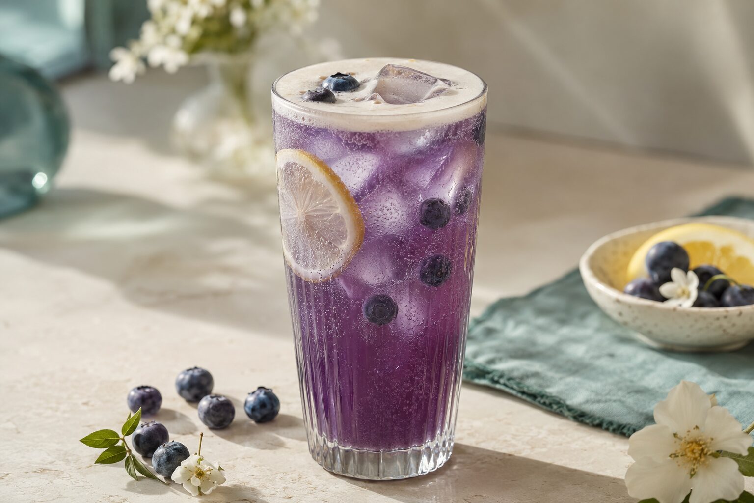 Blueberry Vanilla Lemon Tea Fizz Blueberry Vanilla Lemon Fizz tea mocktail with blueberries and lemon