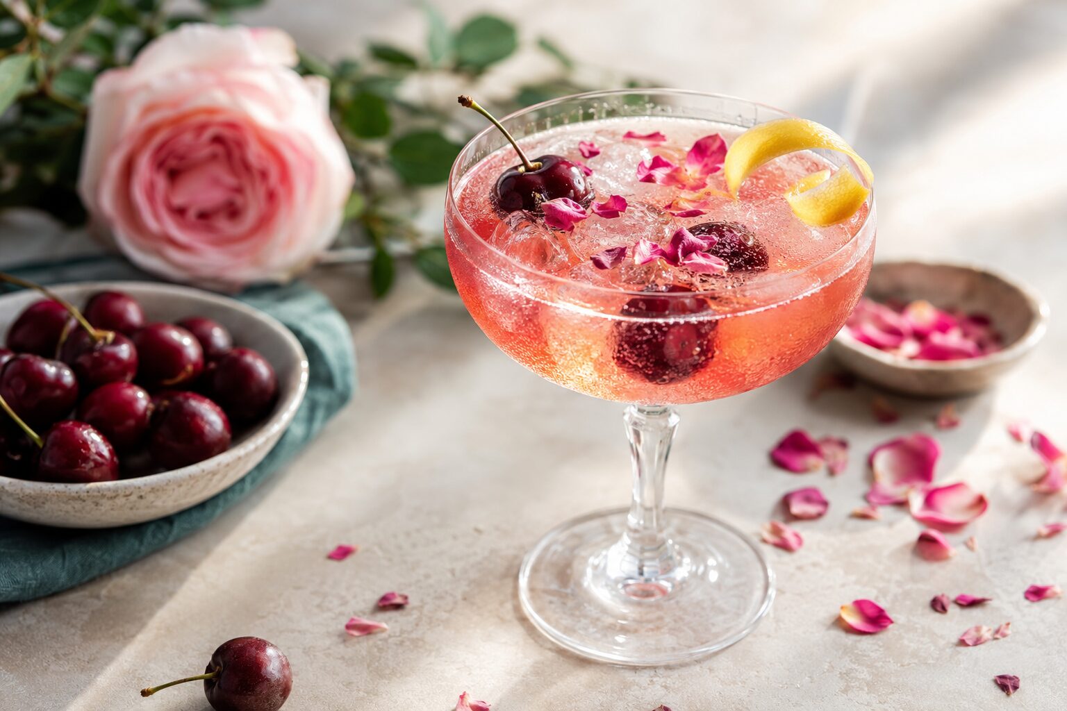 Cherry rose blossom tea spritz Cherry Rose Blossom Spritz tea mocktail with cherries and rose petals
