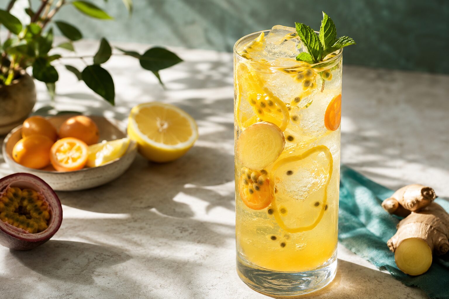 Citrus Passion Ginger Collins Citrus Passion Ginger Collins tea mocktail with citrus and fresh ginger
