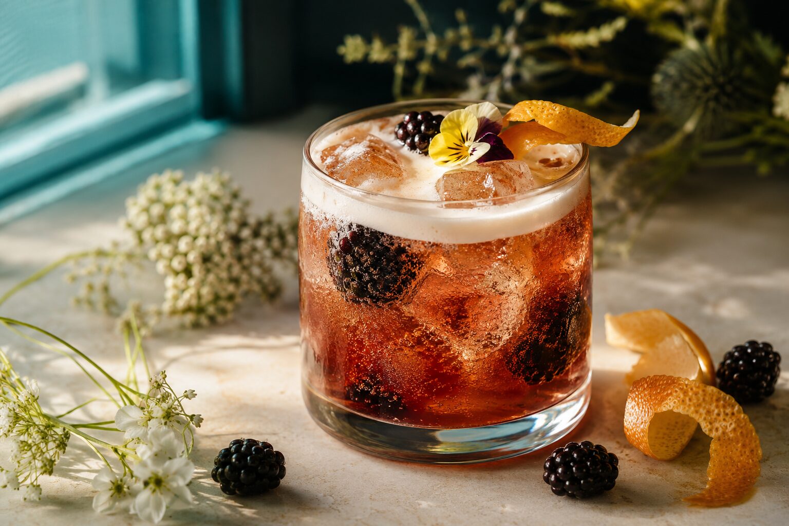 Cream Earl Grey Blackberry Fizz Cream Earl Grey Blackberry Fizz tea mocktail with blackberries and orange peel
