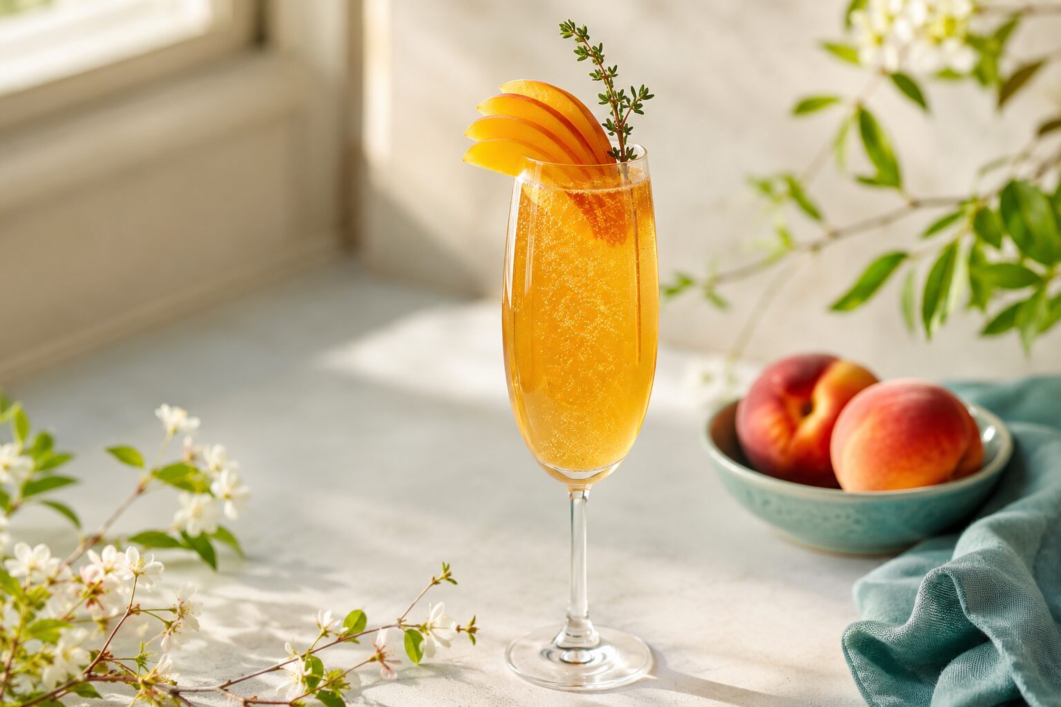 Golden peach sparkling tea mocktail