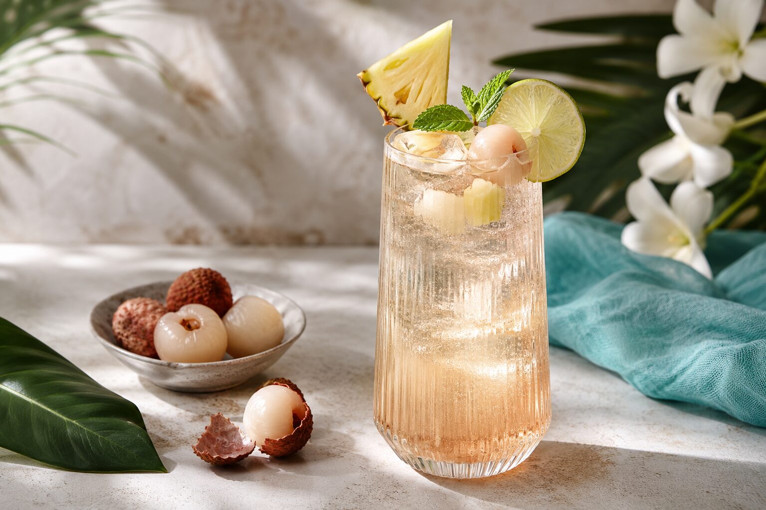 Hawaiian Breeze Lychee Lime Fizz Hawaiian Breeze Lychee Lime Fizz tea mocktail with lychee and lime