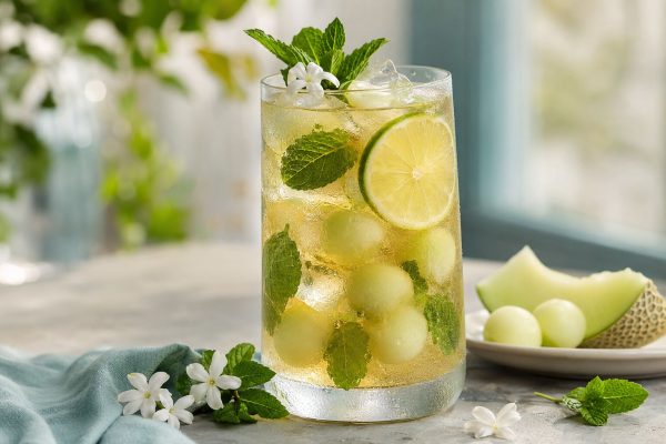 Jasmine Melon Mist Iced Tea with fresh melon and jasmine flowers