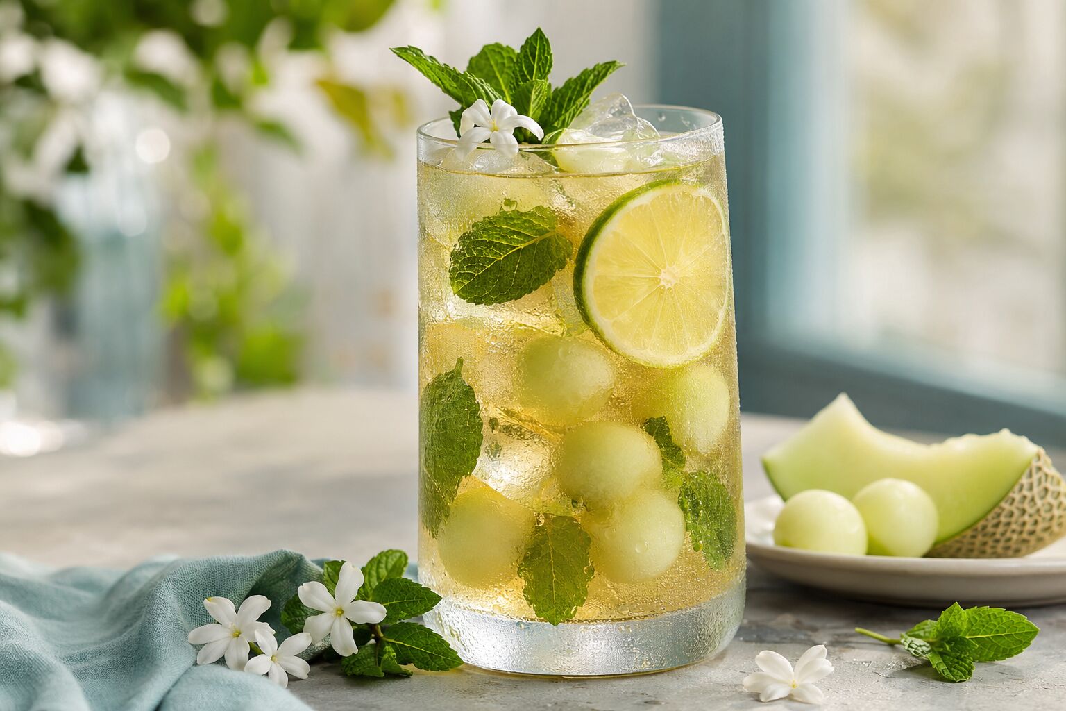 Jasmine Melon Mist Jasmine Melon Mist Iced Tea with fresh melon and jasmine flowers