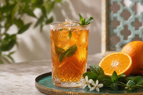 Moroccan Mint Orange Blossom Iced Tea with orange and fresh mint