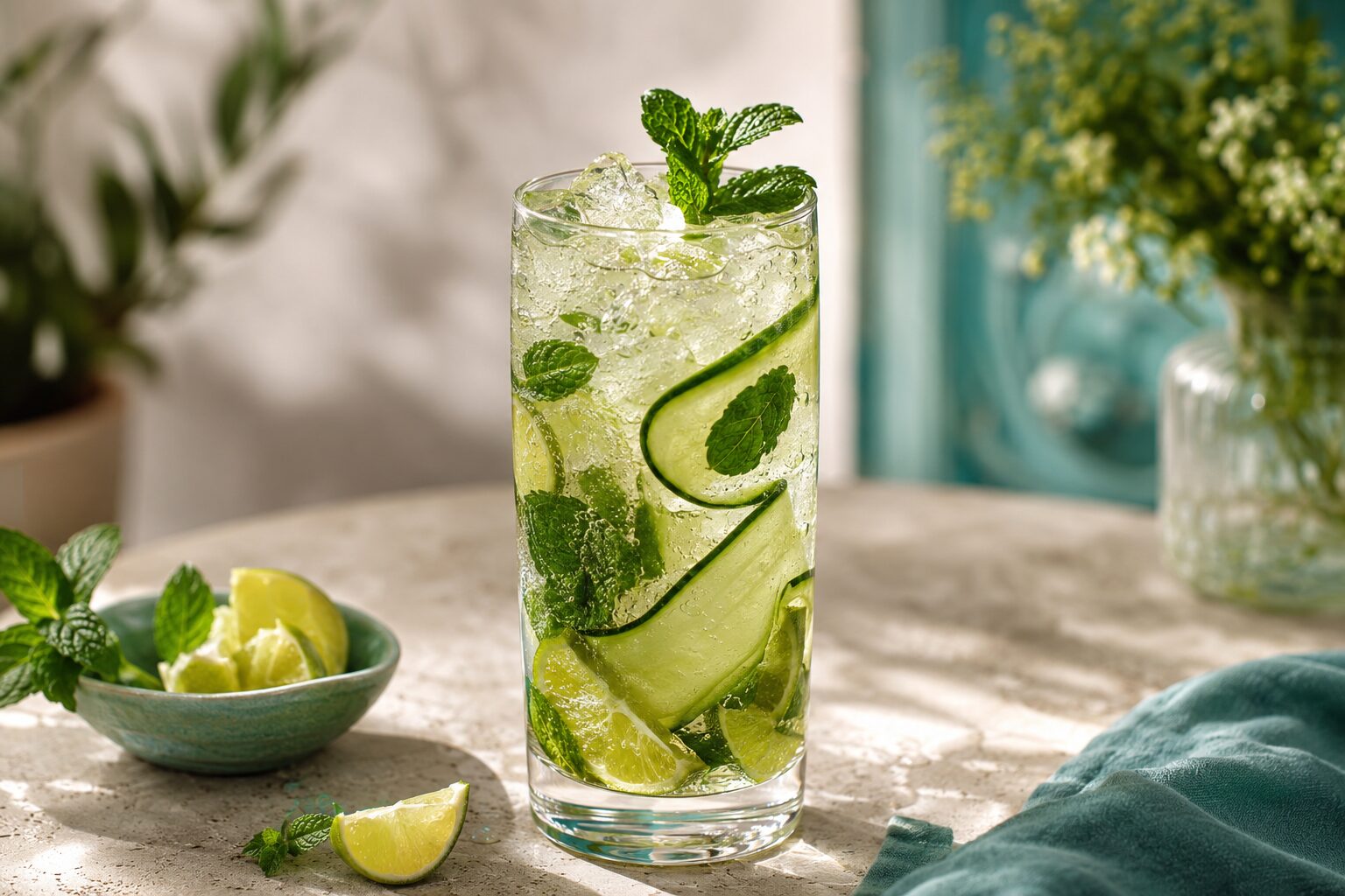 Moroccan mint cucumber tea mocktail Moroccan Mint Cucumber Mojito mocktail with cucumber, lime and fresh mint