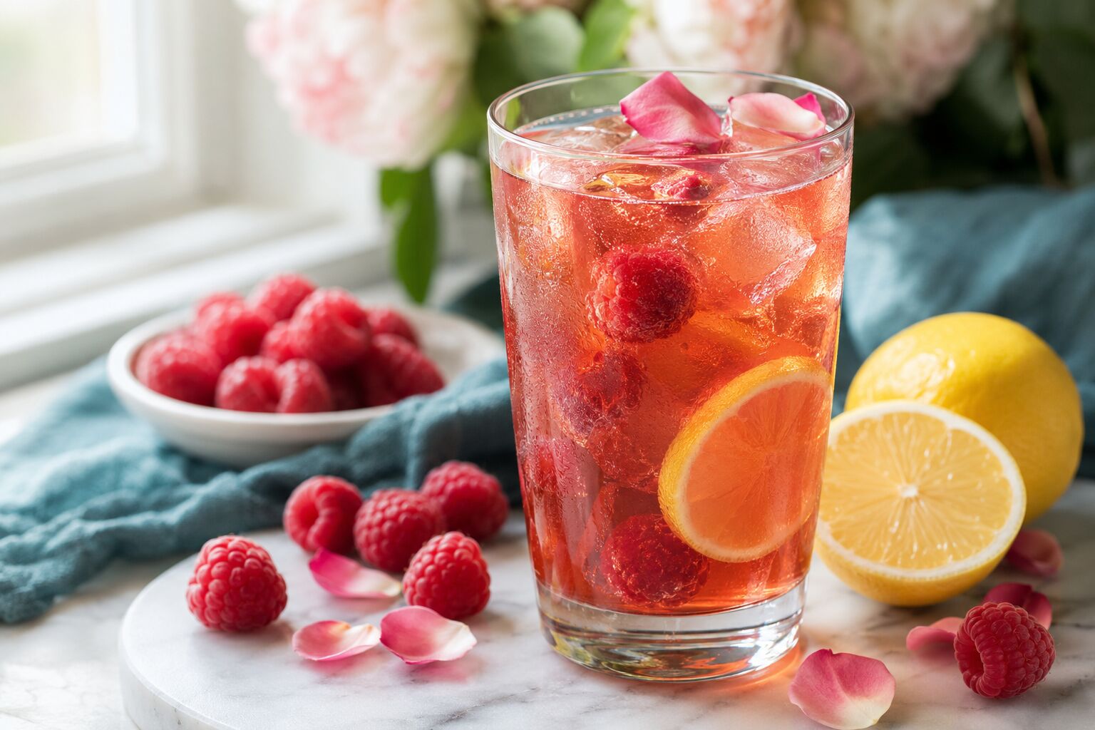 Rose Garden Raspberry Rose Garden Raspberry Iced Tea with raspberries and rose petals