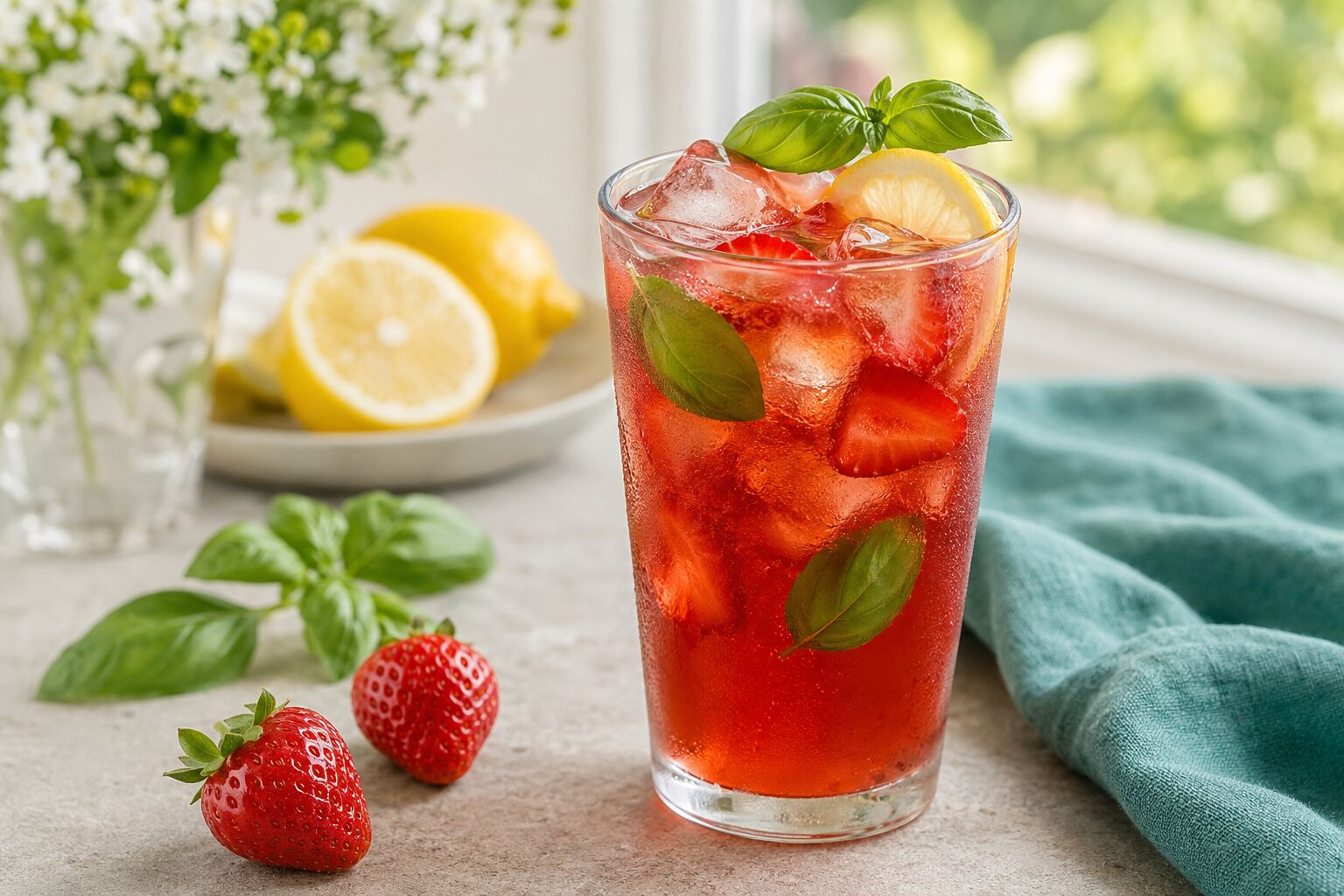 Strawberry Sweetheart Basil Strawberry Sweetheart Basil Iced Tea with strawberries and fresh basil