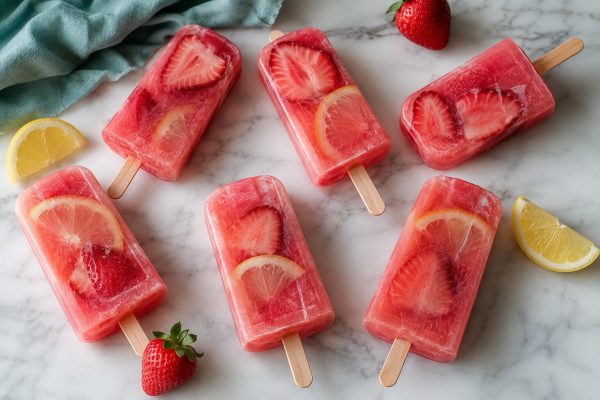 Strawberry Sweetheart Lemonade Tea Popsicles with strawberries and lemon