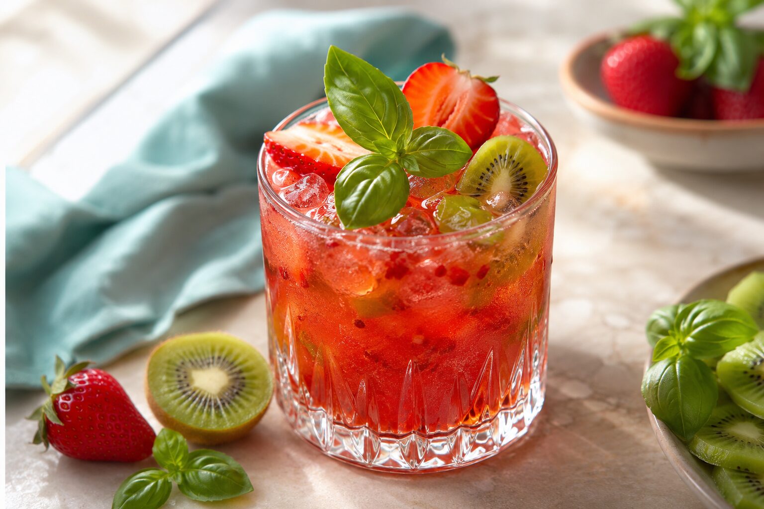 Strawberry kiwi basil smash Strawberry Kiwi Basil Smash tea mocktail with fresh fruit and basil