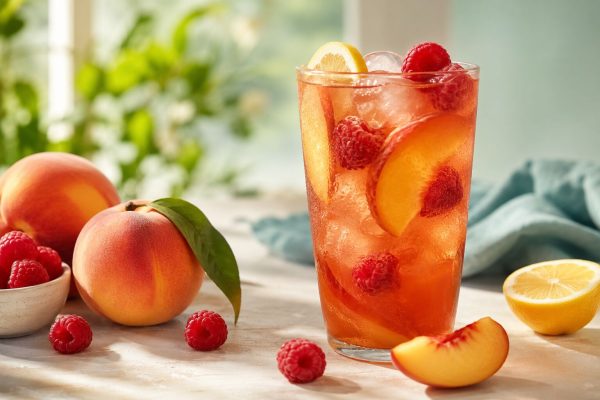 Summer Peach Raspberry Iced Tea with fresh peaches and raspberries