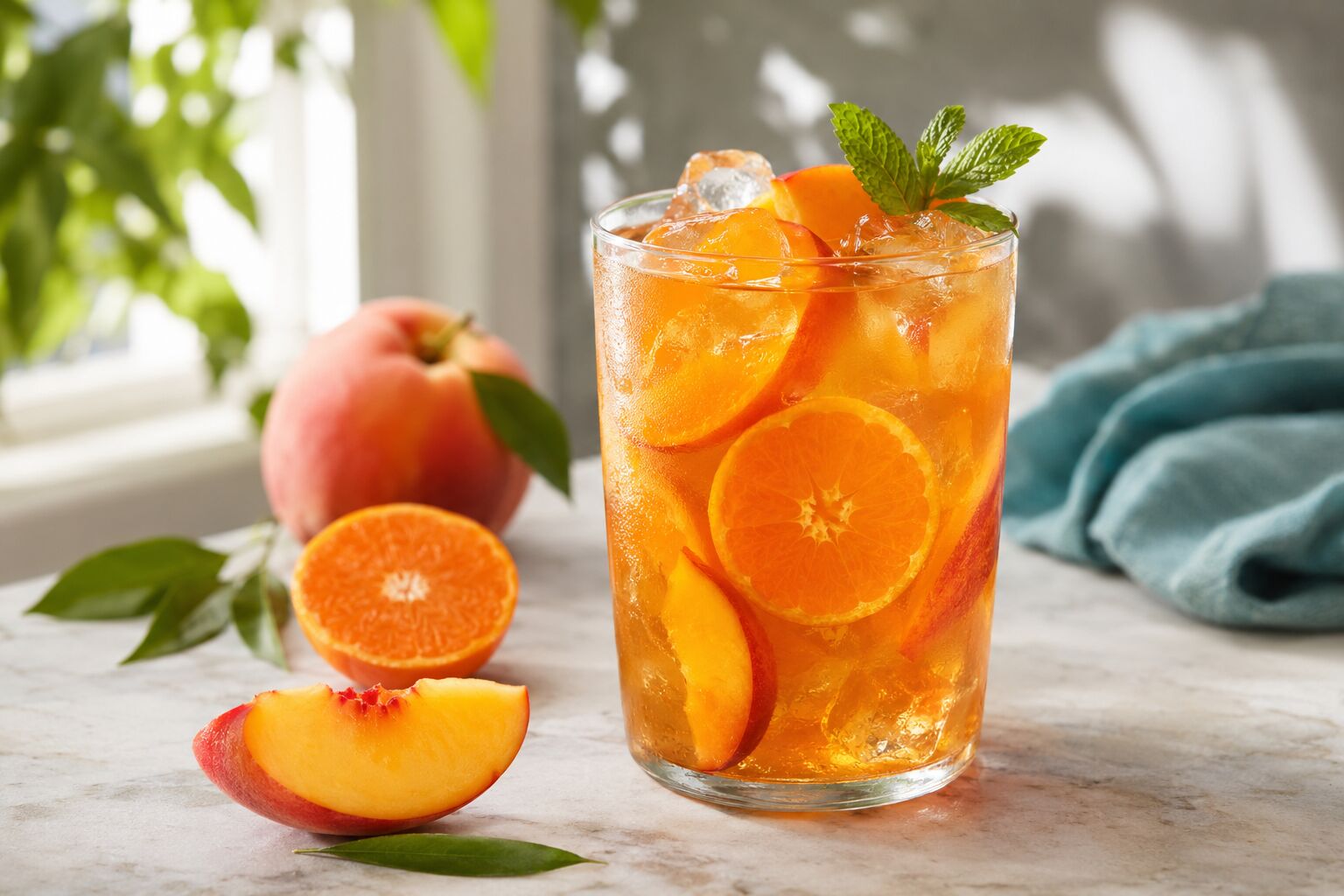 Tangerine Peach Glow Tangerine Peach Glow Iced Tea with peach and tangerine slices