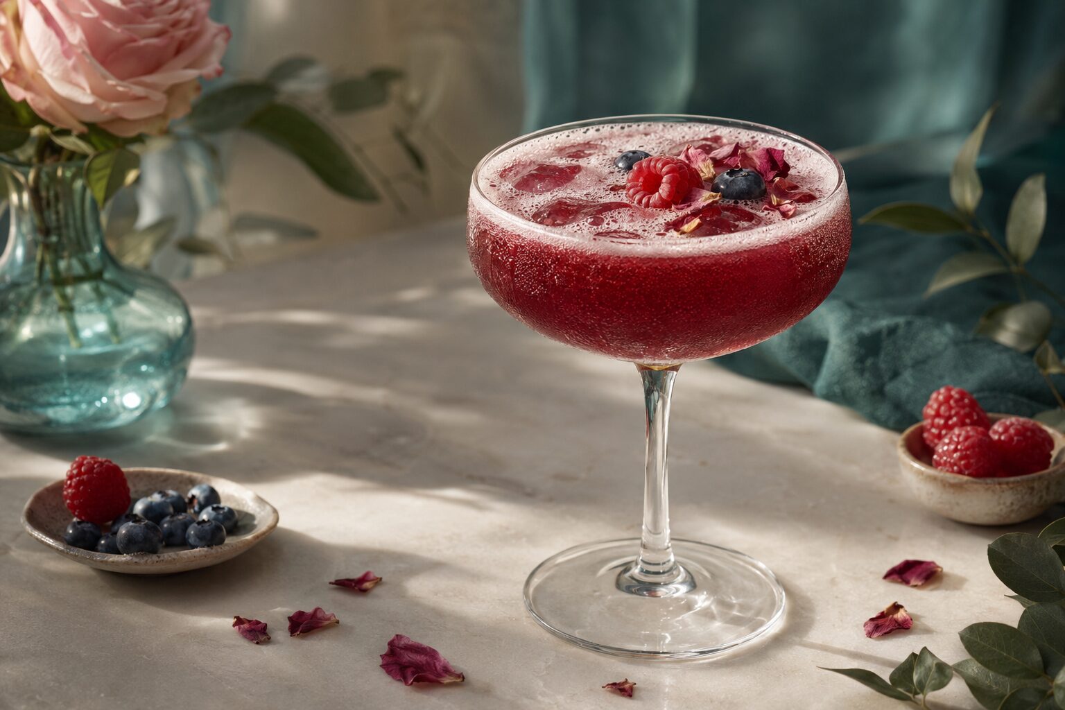 Very berry rose fizz Very Berry Rose Fizz tea mocktail with berries and rose petals